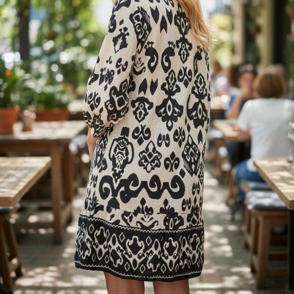 BOHO ME Black White Print Boho Mini Button Up Dress Tiered Ruffle Long Sleeve L - Picture 3 of 9